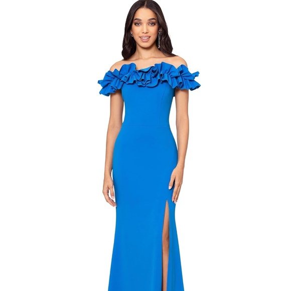 Xscape Evenings Off the Shoulder Ruffle Crepe Trumpet Gown size 6 NWT $258 - Picture 1 of 15